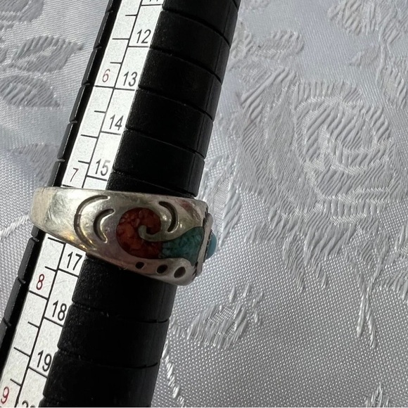 Roie Jaque Navajo Handmade Ring 925 Silver Blue Turquoise & Coral - Sz 7.25 - Picture 5 of 5